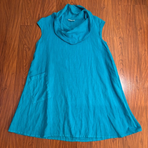 bryn Walker Lagenlook Turquoise Blue Cowl Neck Tunic Dress Womens Medium Linen - Picture 1 of 7